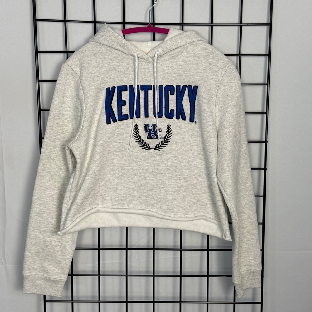League Kentucky Hoodie Women Medium Gray Cropped Raw Hem Fleece Pullover UK